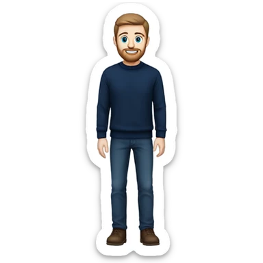 irish man blue eyes, brown short hair and short beard, wearing a smart navy blue jumper. full body. sticker
