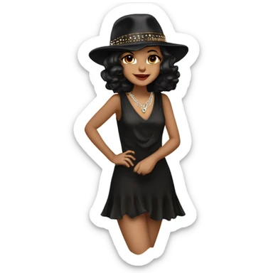 Wavy dark hair to shoulder  Flapper feminine brown eyes black hat jeweled flapper style  hat earrings wavy dark hair smirk sticker