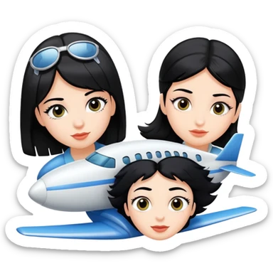 Two girls and 1 boy with black hair flying on a pair of eyelashes like an airplane but it’s just one big eyelashes  sticker