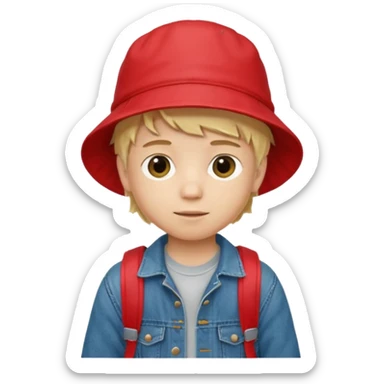A little boy student, blonde hair, with red bucket hat, jean jacket, backpack sticker