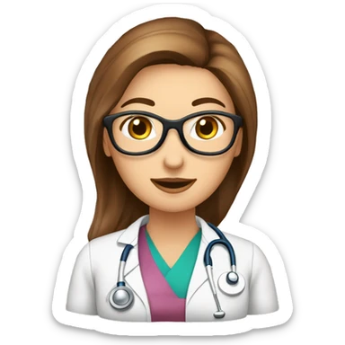 mujer medico de pelo marron y largo. Con ojos marrones. Mano con la palma hacia arriba  sticker