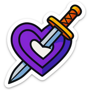 purple and white heart with a katana sword piercing through the center, vibrant toon style sticker