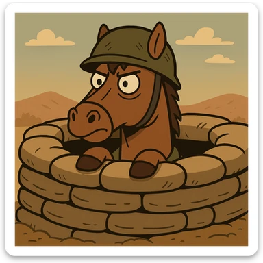brown horse with an army vibe, cartoon style, peeking out of a sandbag bunker sticker