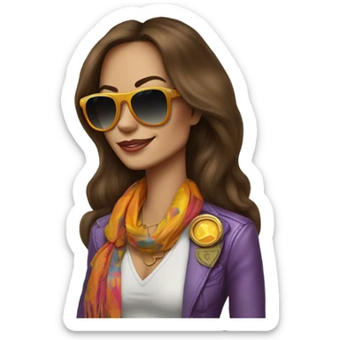 70's rockstar woman with bell-bottoms, long brown hair, a t-shirt tucked into the bell bottom jeans and a belt. She is wearing aviators and a 70's rockstar colorful scarf and colorful blazer  sticker