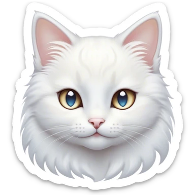 Cinematic Cute White Cat Portrait Emoji, Head tilted with a soft, gentle smile and sparkling eyes, featuring a silky, pristine white fur with subtle silver highlights, simplified yet irresistibly adorable, highly detailed, glowing with a warm, snowy glow, high shine, radiating affectionate charm and tender grace, styled with a light, playful outline, capturing the essence of a cute white cat that looks as if it could melt your heart with a single blink! sticker