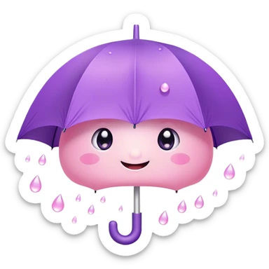 Cute Kawaii Umbrella, small and cute, soft pastel pink and purple, tiny rain droplets smiling down, a chubby round handle, big sparkling eyes full of joy! sticker