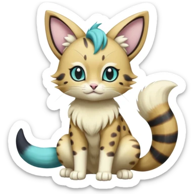 Exotic tropical shiny cute realistic Cobalt-Blue green turquoise black white Purloin-Meowth-Meowstic-Minccino-Cinccino-serval-furret-Noibat-caracal-fusion-hybrid-creature (full body) sticker