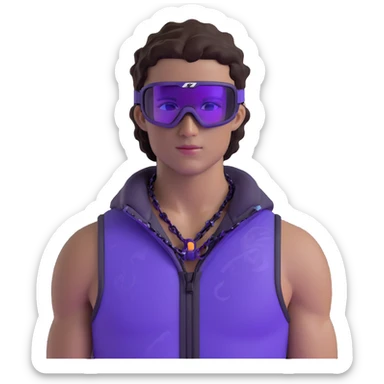 male athlete with white skin and moderately curly dark brown hair on top with shaved sides, wearing ski goggles with purple frames and very dark black lenses, a simple plain black chain necklace, and a completely unzipped sleeveless vest with purple and black sequin fire pattern design with no logo, fully revealing his chest, shoulders and arms, no earrings sticker