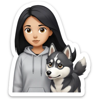 A girl with long black hair wearing a sweatshirt walks a black and white husky sticker