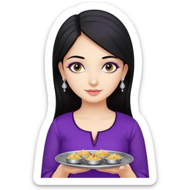 a pretty bratz girl with straight black hair, wearing a purple kurti, silver jhumkas, eyeliner, carrying a plate of momos. No necklace or bindi sticker