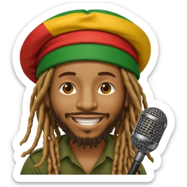 Emoji sticker of reggae artist Anthony B 🧔🏾‍♂️ with dreadlocks, Rasta hat 🟥🟨🟩, smiling and holding a mic 🎤. Text says 'Big Up Anthony B!' in bold reggae font 💥🔥✊🏾 sticker