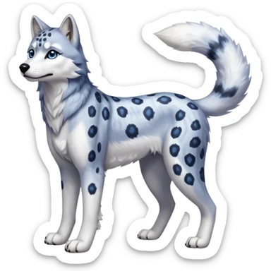 Realistic lanky natural feral beautiful pretty "Schnolf"-"TaniDaReal"-Husky-Snow-leopard-wolf-hybrid-fusion-animal-creature, full body, with whiskers, thick long fluffy tail sticker