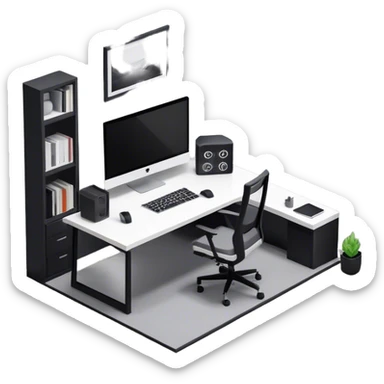 An isometric 3D room with two walls that meet at the back left and right. The floor is made of gray wood. The room is decorated in a modern black and white style. In front of the window is a wide desk with a large monitor and an open laptop, with a black gaming chair next to it. sticker