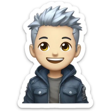 logo illustrated boy skull laughing out loud, chibi anime style, head and shoulders only, light brown eyes, short gray hair, cyberpunk jacket with blue colors, flashing background. sticker