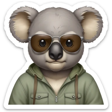 anthropomorphised koala, head and shoulders, casual clothing, dark sunglasses, grumpy expression sticker