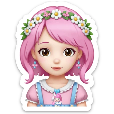 A girl with pink and white hair, adorned with flowers as hair accessories, wearing My Melody clothing.Let the girl be older  sticker