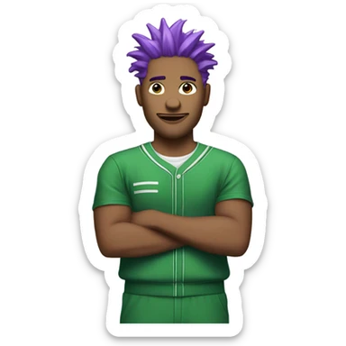 Man with purple hair spiked up in a green jumpsuit with white lines on his arms and the number two hundred and thirty sticker