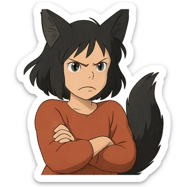 A girl with black fox ears and a tail, green eyes, dark hair, looking angry sticker