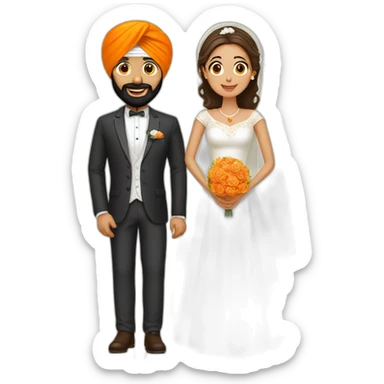 A Sikh man with an orange turban and white dress, with his wife at their wedding sticker