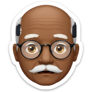 an elderly man with medium-dark skin tone, bald on top with short white hair at the sides, thick white eyebrows, large brown eyes, and wears black-framed glasses.
A small white beard sits above his mouth sticker