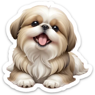 Cinematic Cute Yawning Shih Tzu Portrait Emoji, Head gently tilted with an irresistibly cute yawn and sleepy, half-closed eyes, showcasing a luxurious, fluffy fur in gentle pastel tones, simplified yet endearingly detailed, glowing with a soft, drowsy radiance, high shine, exuding tender, sleepy charm, styled with a delicate, soft glowing outline, capturing the essence of a Shih Tzu caught in a moment of adorable, sleepy bliss! sticker