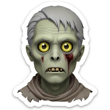 Cinematic Noble Zombie Portrait Emoji, Surprisingly dignified and somber, with a decaying yet strangely regal visage in ashen grays and muted tones, draped in tattered attire hinting at a lost grandeur, simplified yet meticulously detailed, glowing with a soft, eerie radiance and a gentle outline that evokes the tragic nobility of the undead! sticker