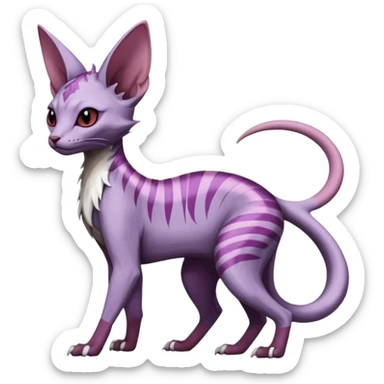 Furry, scaly, Purple, white, black, Minccino-Sphynx-Lykoi-Linoone-Zangoose-fusion-hybrid-animal-Fakémon-creature, full body, thin long sleek scaly tail, intricate markings sticker