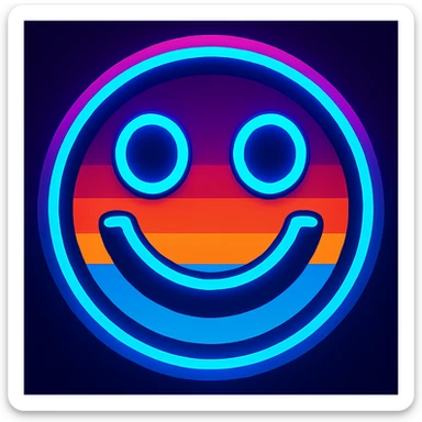 Update the image to use the exact color scheme from the new reference (vivid neon blue, pink, orange, and purple 80's retro colors), keeping the bold smiley face, glowing neon outlines, horizontal color stripes, and clean digital look. Match the vibrancy and palette of the new reference image. sticker