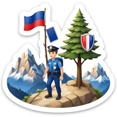 Adventurous man hiking with a police badge with mountains in the background. The French flag is on a tree sticker