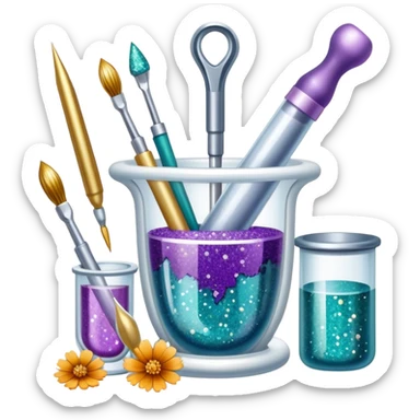 Jewelry making icon with epoxy resin used to encase materials like dried flowers, metals, stones, or pigments, resin with pearlescent, glitter, or shimmering effects, visible resin in tubes and mixing tools, minimalistic style, clean lines, transparent background. sticker
