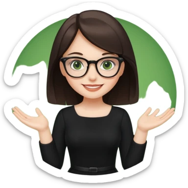 a cute white brunette girl with green eyes in a black dress wearing glasses  with two hands  sticker