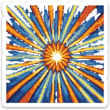 Bomberman explosion center tile animation frame 2, full size bright fiery explosion core, yellows and oranges radiating from center, peak of explosion sticker