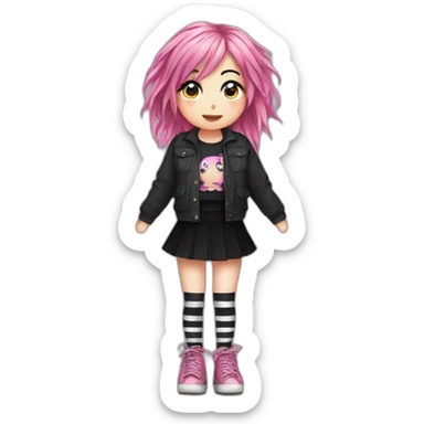 Front view curvy emo girl pink hair sits on the floor straight view hands up black skirt striped torn stockings sticker