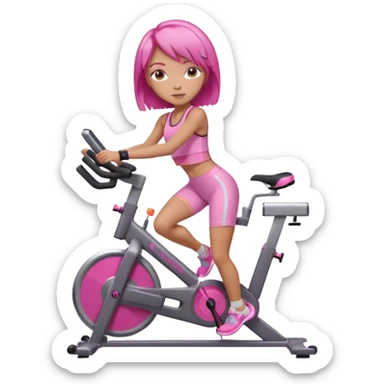 Light tan girl with a brown bob hat style with pink highlights in a pink workout set leaning on a indoor spin bike with NO HELMET,  but add pink hair highlights  sticker