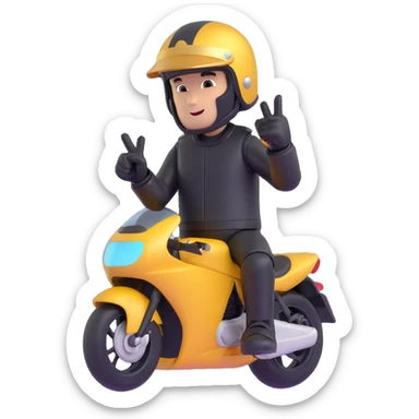A motorcyclist in a black helmet with a golden visor flipping the bird sticker