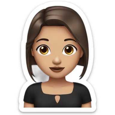 A girl with brown eyes, long straight brown hair, plump pink lips in a black dress sticker
