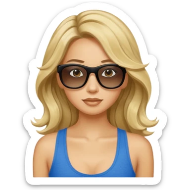 an olive tan woman with long, wavy blonde hair in a blue tank top wearing skinny black rectangular sunglasses sticker