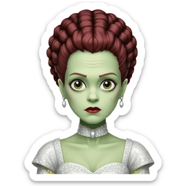 Bride of Frankenstein from Universal Monsters with pale greenish skin, dark auburn hair, white sequin outfit  sticker