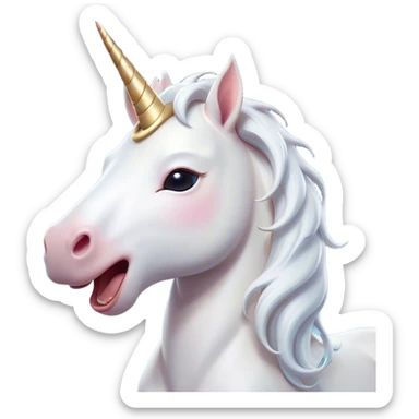 Cinematic Cute Yawning White Unicorn Portrait Emoji, Head tilted slightly with a dramatic, wide-open yawn, showcasing a softly elegant form with a gently cascading mane, a subtly glowing horn and sleepy, half-closed eyes, Simplified yet irresistibly adorable features, highly detailed, glowing with a soft, cozy magical glow, high shine, relaxed yet expressive, stylized with a dash of whimsical enchantment, soft glowing outline, capturing the essence of a drowsy yet affectionate white unicorn that appears ready to stretch and yawn its way out of the screen! sticker