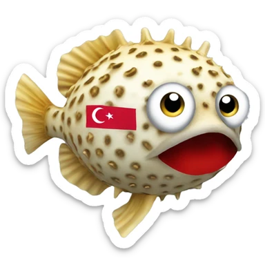 
inflated puffer fish holding a Turkish flag sticker