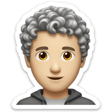 Young white man with grey/brown curly super short hair and big nose sticker