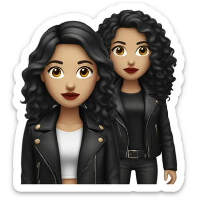 White girl, with long curly black hair, with red lipstick, wearing  black shirt and leather jacket sticker