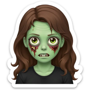 crie uma garotazoombie cabelo ondulado 2c longo castanho castanho comprido e blusa básica preta sem nada com pele esverdeada com rosto fofo  sticker