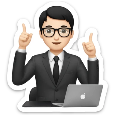 un estudiante con lentes y su laptop CON TERNO Y CABELLO NEGRO,  LEVANTANDO LAS MANOS DANDO LIKE sticker