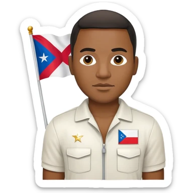 black guy wearing a white jumpsuit small Panamá flag on his chest  sticker