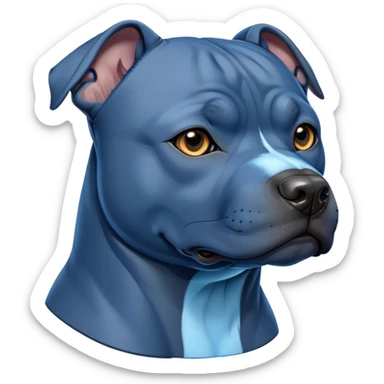 Cinematic Noble Blue Staffordshire Bull Terrier Portrait Emoji, Poised and regal, with a compact, muscular build and a sleek, well-groomed blue Fur, deep-set soulful dark eyes, Simplified yet sharp and sophisticated features, highly detailed, glowing with a soft, dignified glow, high shine, intelligent and loyal, stylized with an air of strength, focused and attentive, soft glowing outline, capturing the essence of a watchful and confident guardian, so majestic it feels as though it could stride out of the screen with effortless authority! sticker