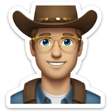 Realistic white man with golden glasses, blue eyes, and brown hair,20 years old, no bear, with a cowboy hat sticker