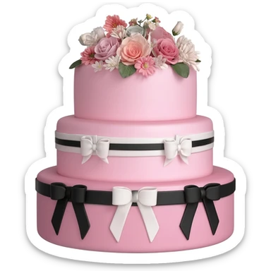 Pastel pink shaped birthday cake with black and white bows and flowers sticker