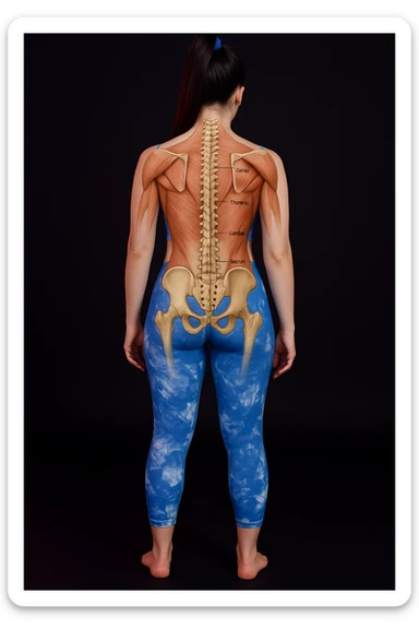 A woman with back pain, add an anatomically highlighted back on the body, variant 5, in a style suitable for editing and anatomical clarity. sticker