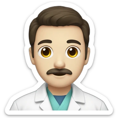 Young, dark-haired, blue-eyed man with a moustache and goatee wearing a doctor's coat sticker